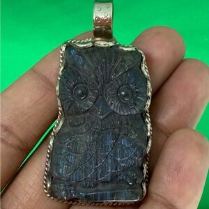 Natural Blue Fire Carving
Labradorite Stone Owl Figurine With Cravings Pendent